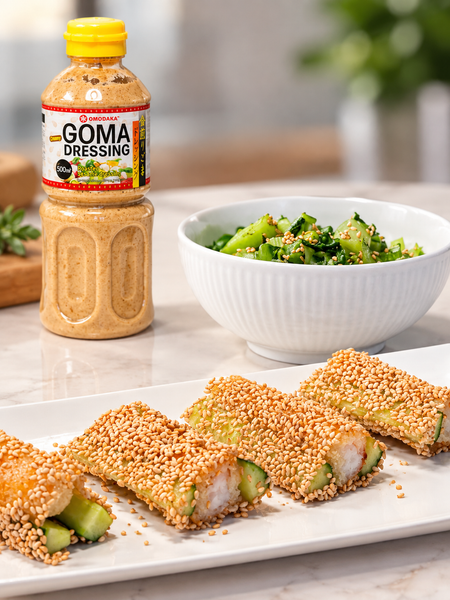 Rispapirruller med sprøde panko-rejer, agurk og sesam