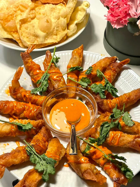 Friterede tigerrejer rullet i wontondej🍤